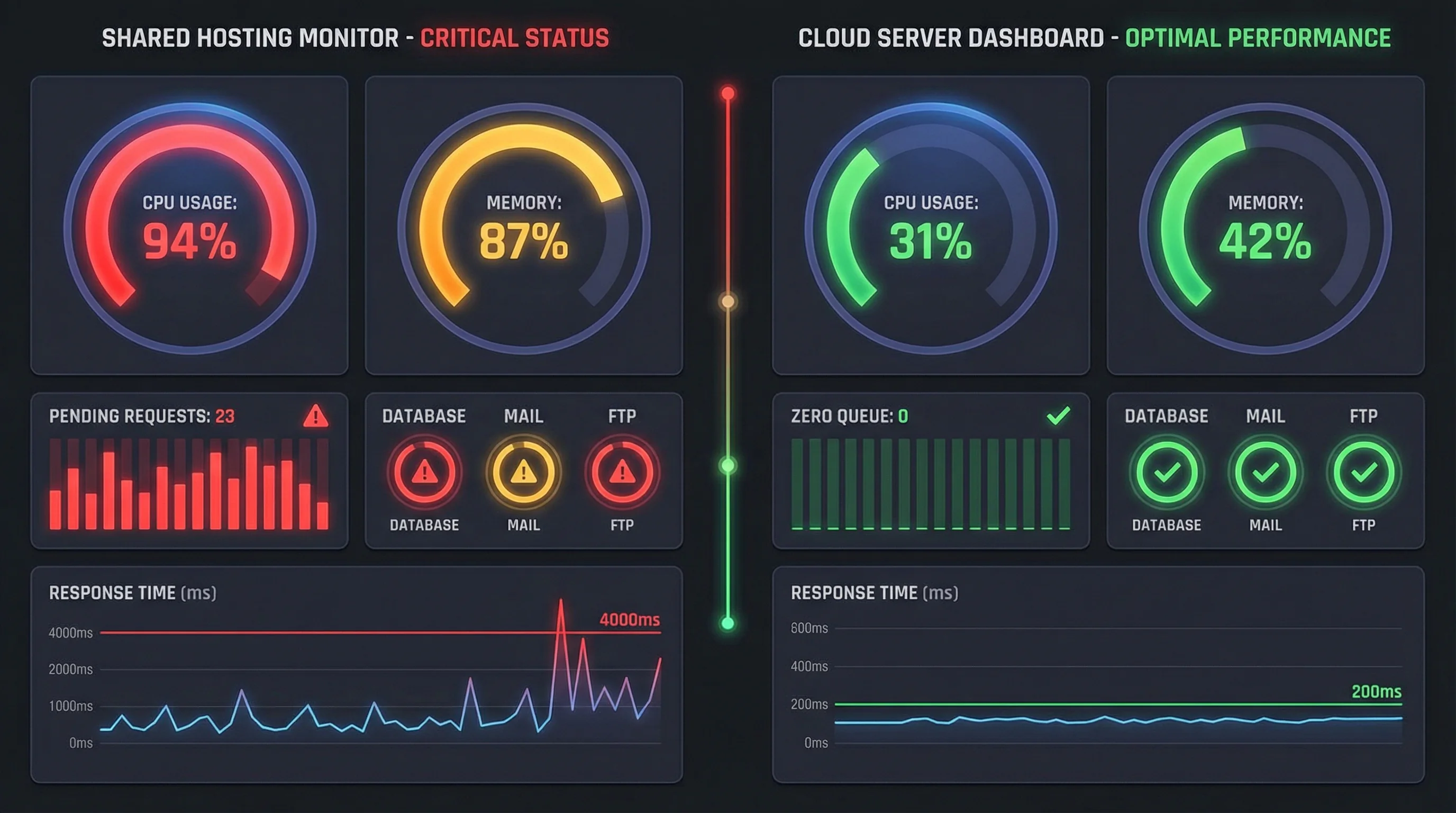 Split-screen comparison of shared hosting and cloud server monitoring dashboards showing CPU usage, memory, and response time differences