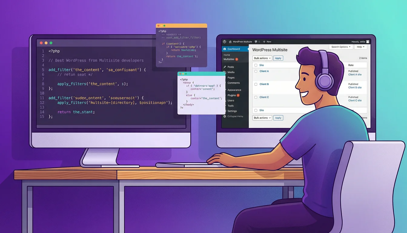 Developer at a modern desk with dual monitors showing WordPress code with filter hooks and a multi-site dashboard managing client websites