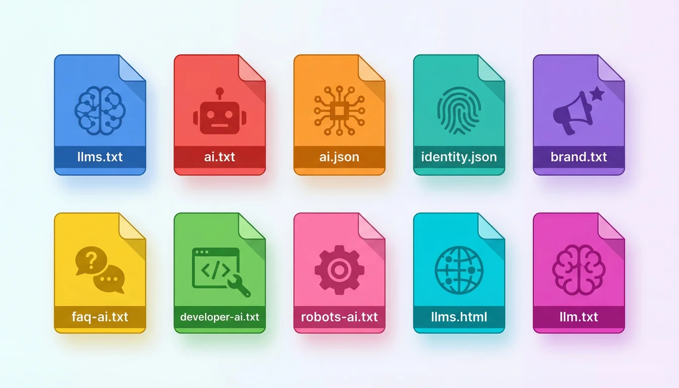 Colourful illustration of 10 AI discovery file documents arranged in a grid, each with distinct icons for llms.txt, ai.txt, ai.json, identity.json, brand.txt, faq-ai.txt, developer-ai.txt, robots-ai.txt, llms.html, and llm.txt
