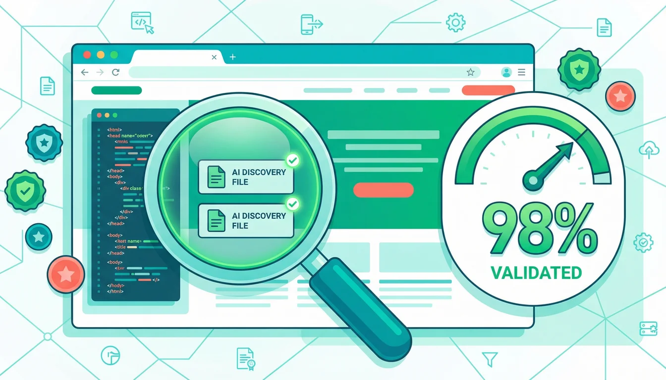 A magnifying glass hovering over a website revealing green checkmarks next to AI discovery file icons, with a scoring meter showing a high validation score
