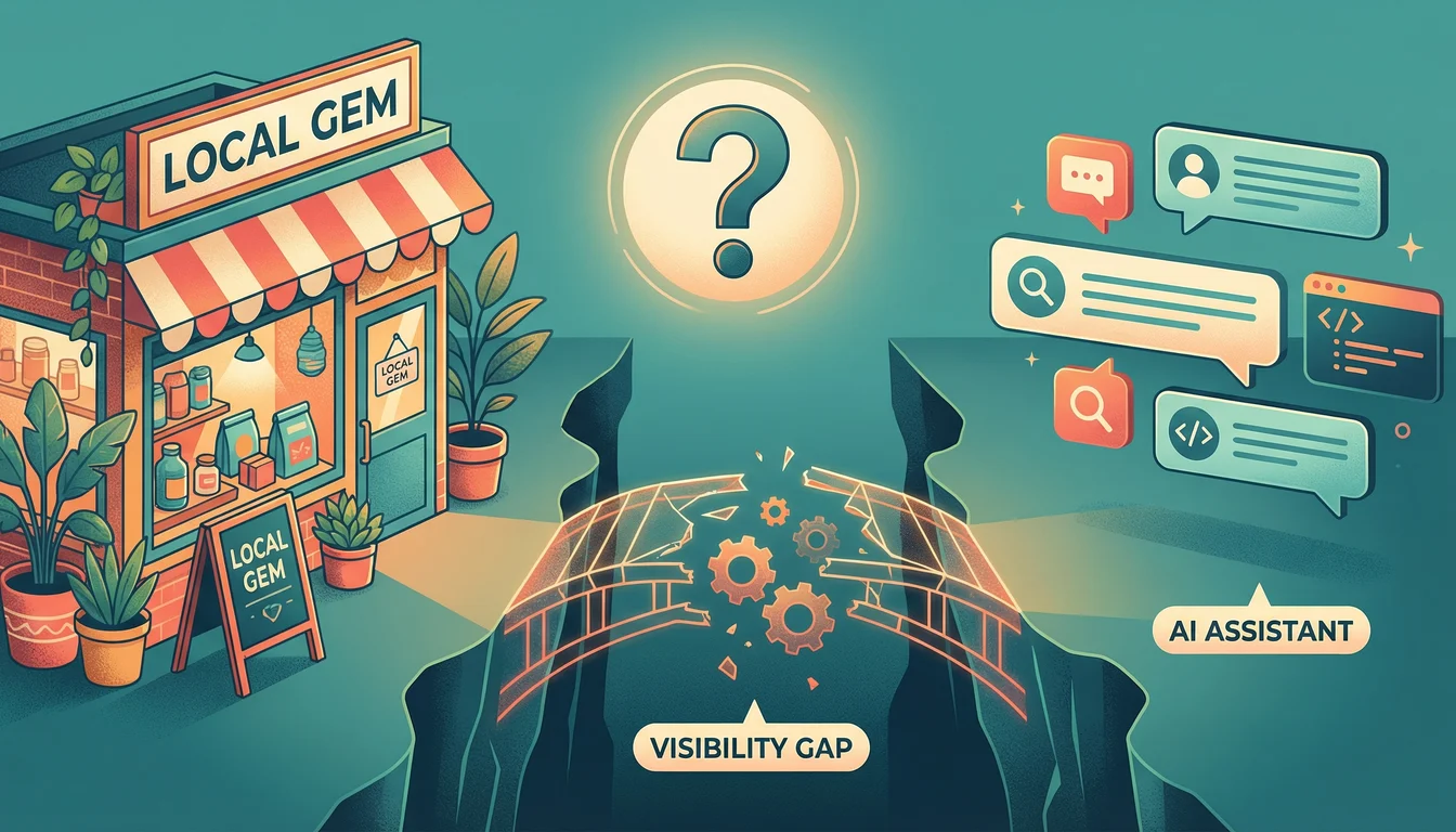 Illustration showing a gap between small businesses and AI chatbot interfaces, with a broken bridge representing the AI visibility problem