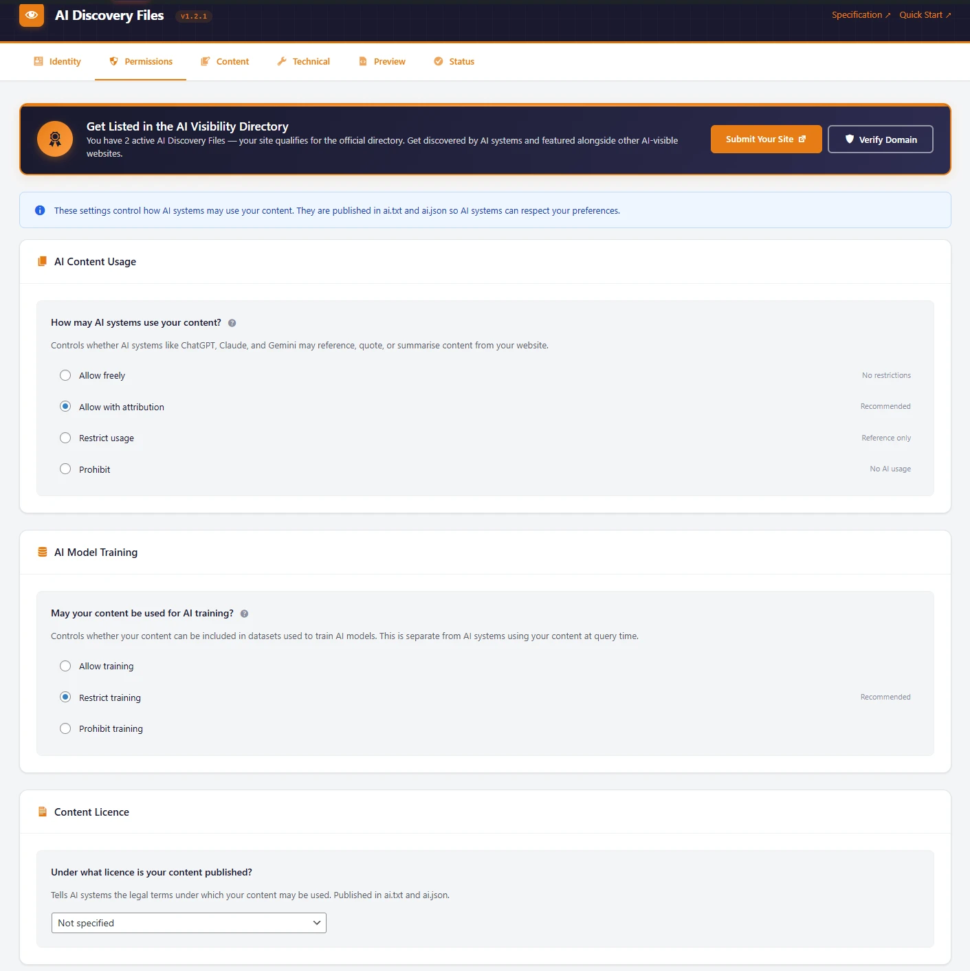AI Discovery Files plugin Permissions tab showing AI Content Usage radio buttons (Allow freely, Allow with attribution, Restrict usage, Prohibit) and AI Model Training options