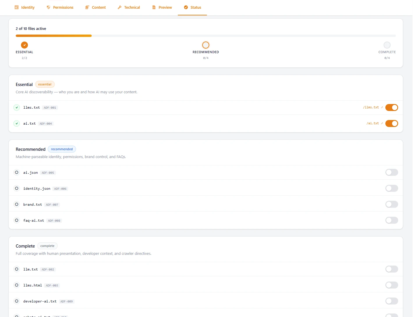 AI Discovery Files plugin Status tab showing 2 of 10 files active with progress bar, Essential tier completed (2/2), Recommended tier (0/4), and Complete tier (0/4) with individual file toggle switches