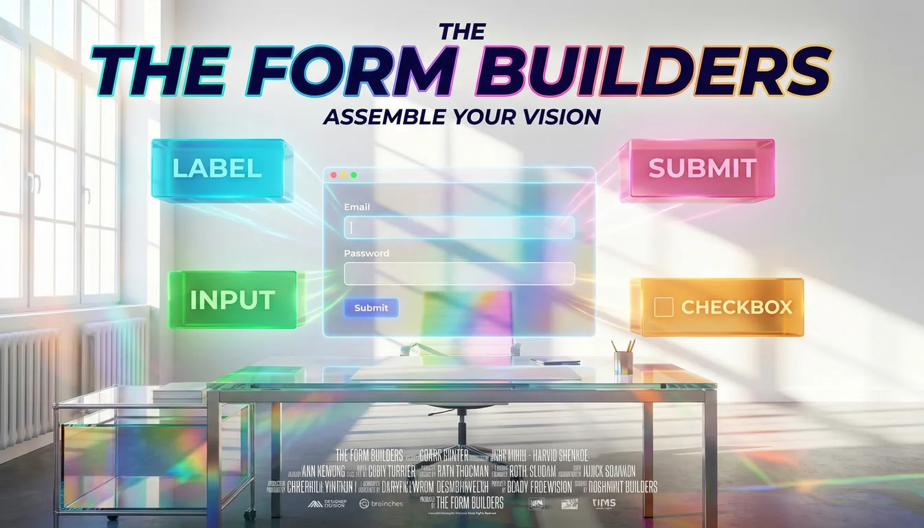 Bright vivid image of holographic form elements floating above a desk in a sunlit studio: label, input, submit button, and checkbox as separate glowing blocks