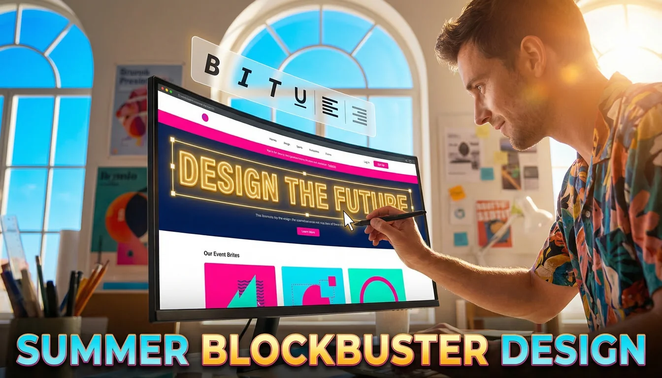 Bright colourful image of a designer editing heading text directly on a vivid website canvas with a floating formatting toolbar visible