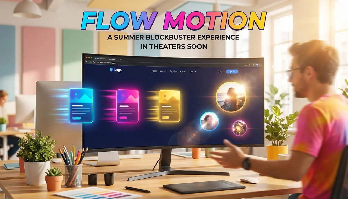 Bright vivid image of a monitor in a sunlit studio showing website cards sliding into view with colourful motion trails