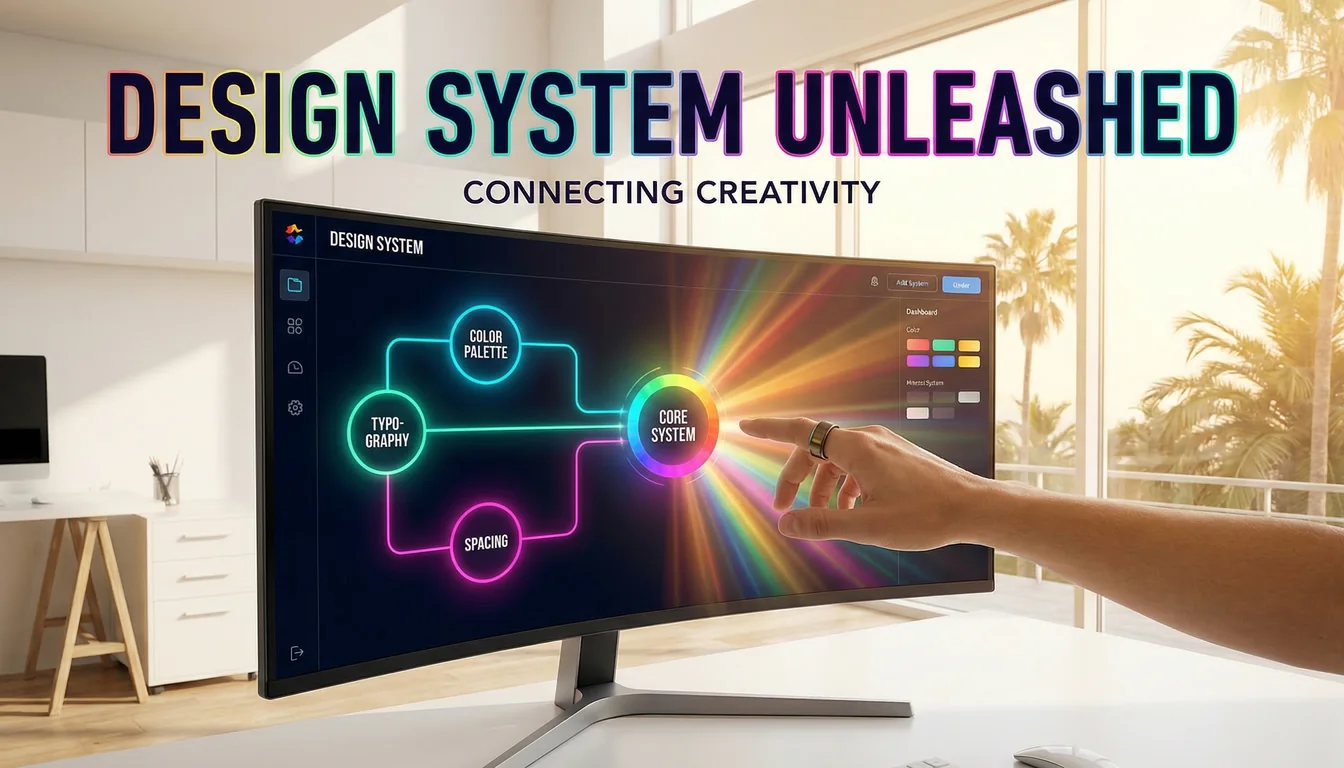 Bright vivid image of a design system dashboard on a curved monitor showing interconnected colour, typography, and spacing nodes with a hand touching the central colour wheel