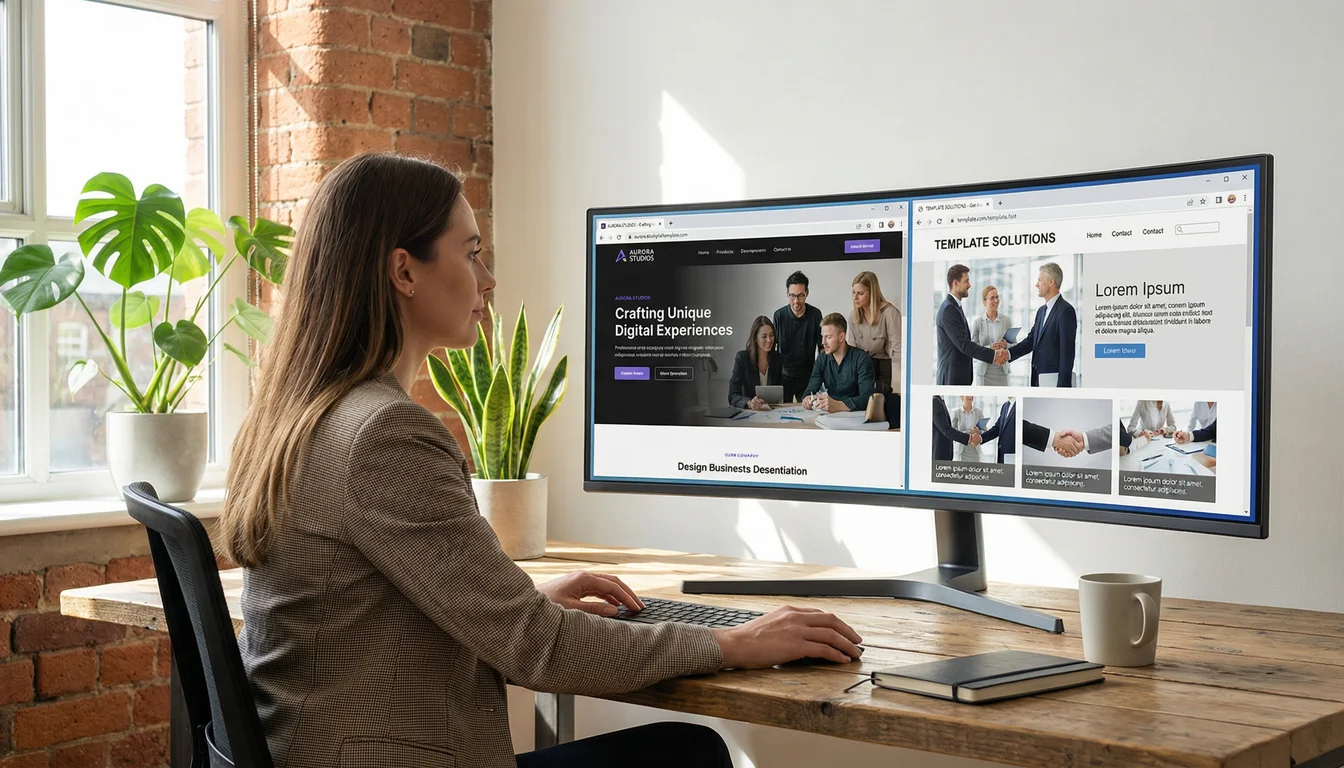 Business owner comparing two websites on a widescreen monitor in a bright office, one showing professional design with original photography and the other showing a generic template site