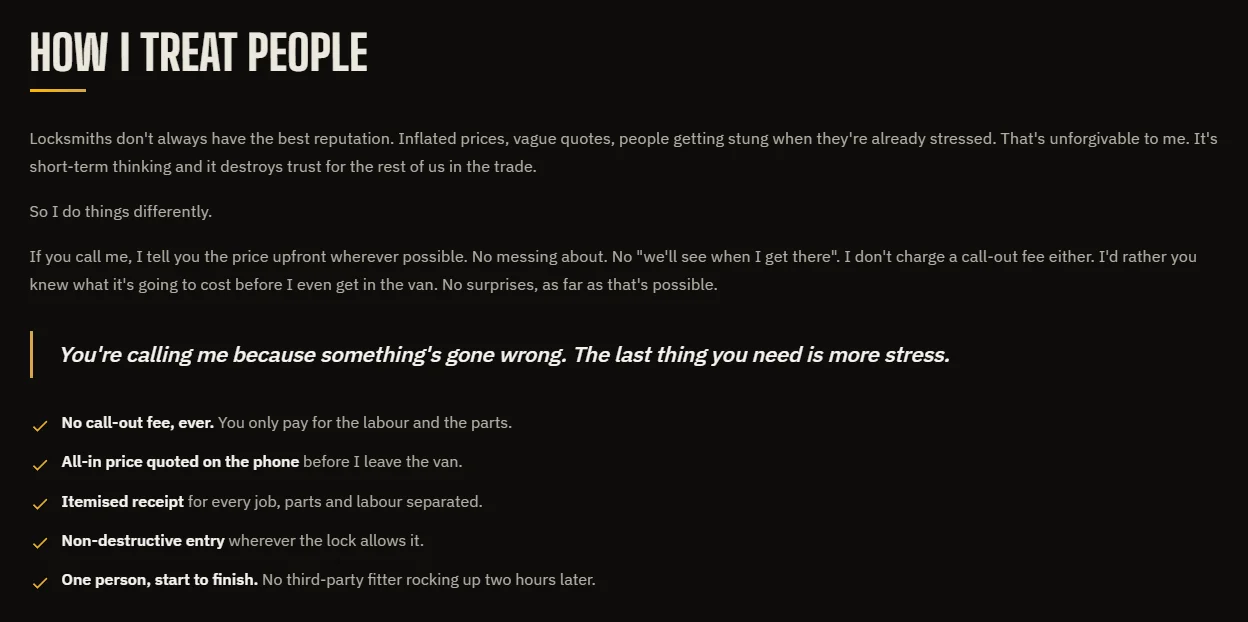 Excerpt from the Lockerfella About page titled 'How I Treat People' listing five trust commitments including no call-out fee and itemised receipts