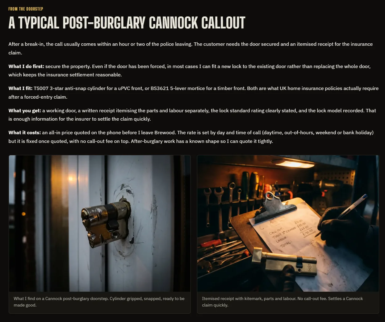 Excerpt from the Lockerfella Cannock area page describing a typical post-burglary callout and the steps taken to secure the property and supply documentation for an insurance claim