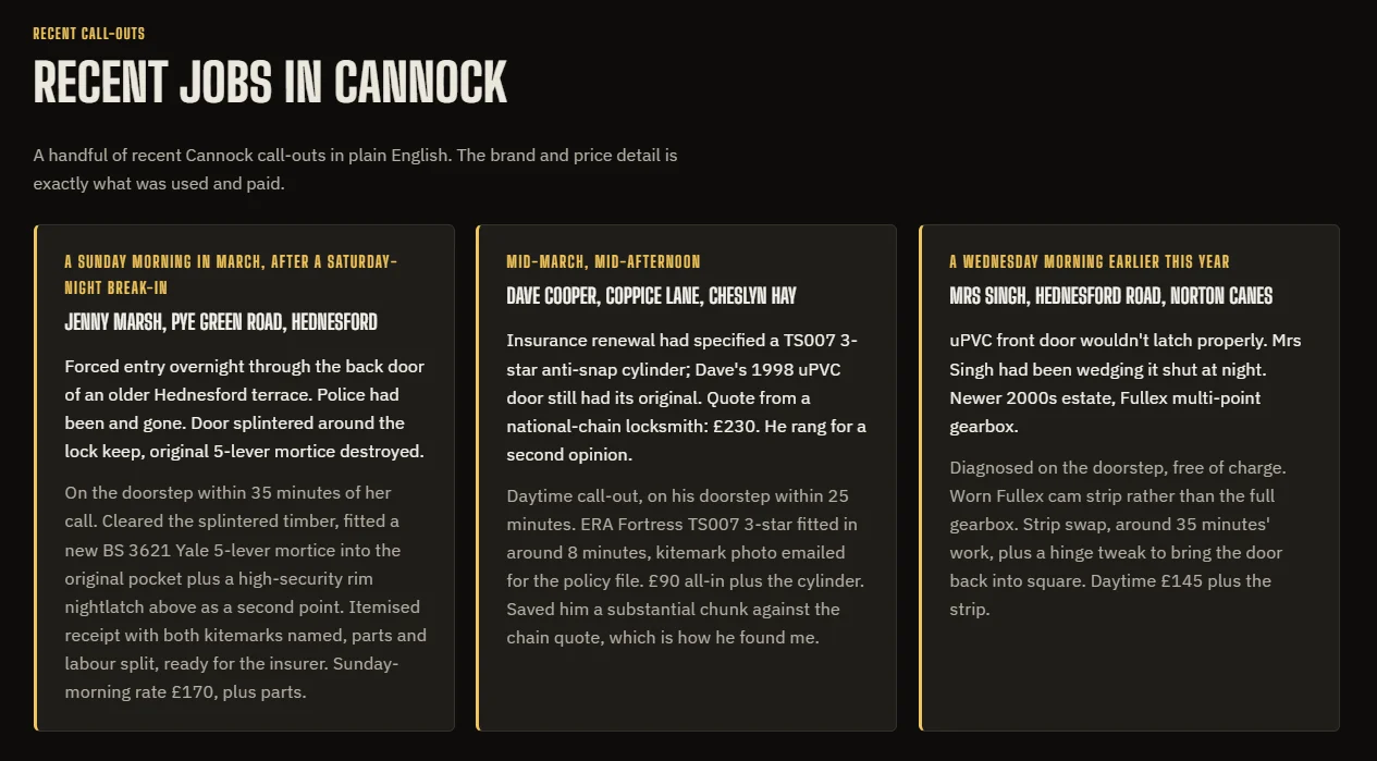 Three recent job cards from the Lockerfella Cannock area page each describing a real callout with date, location, problem, solution and price