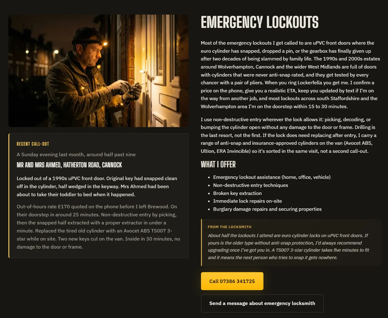 The Lockerfella Emergency Lockouts page showing a step-by-step explanation of typical lockout situations, the equipment used, and a recent call-out example from Cannock