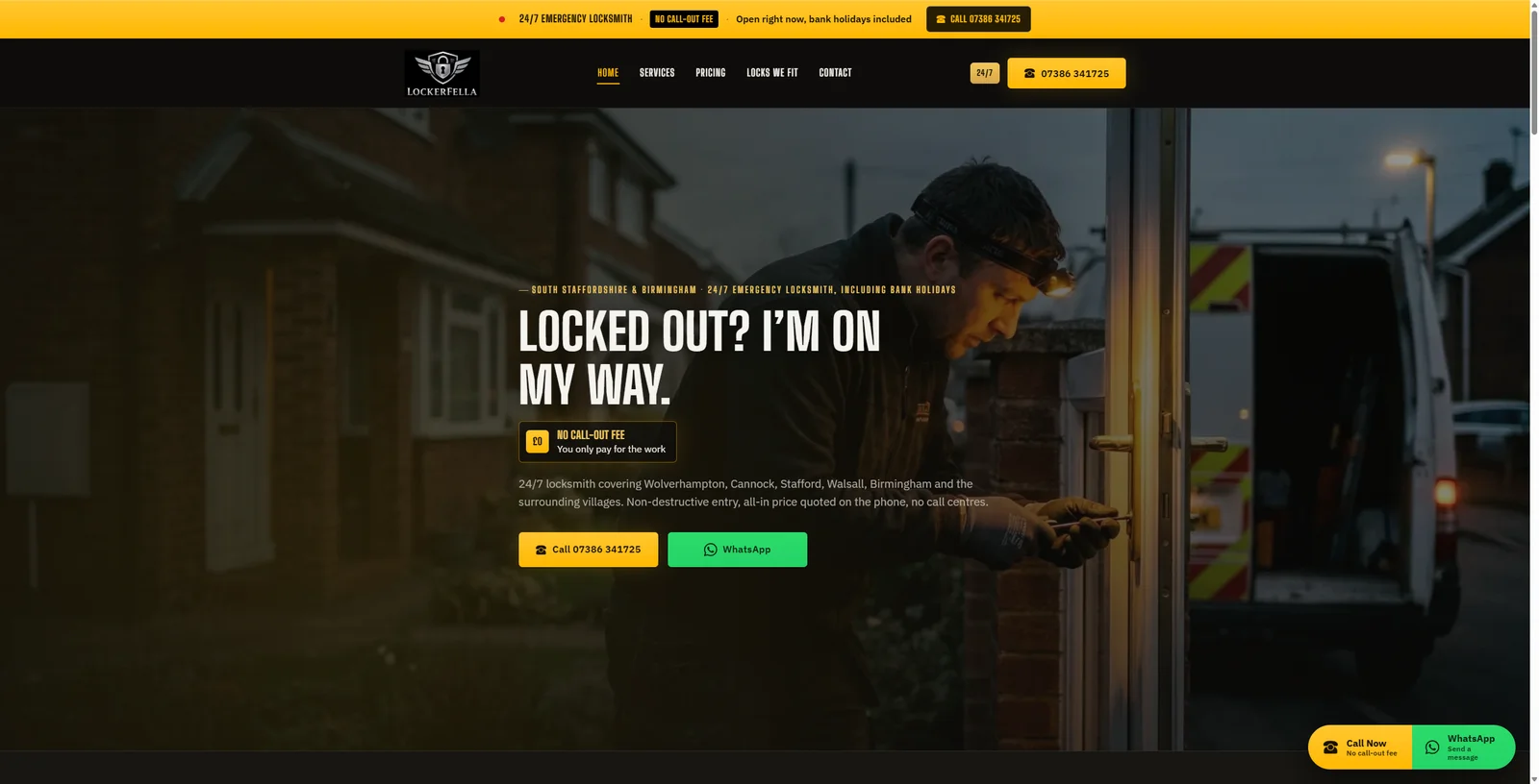 The Lockerfella homepage hero showing the headline 'Locked out? I'm on my way' over a photograph of Sean working at a doorway with the work van parked outside